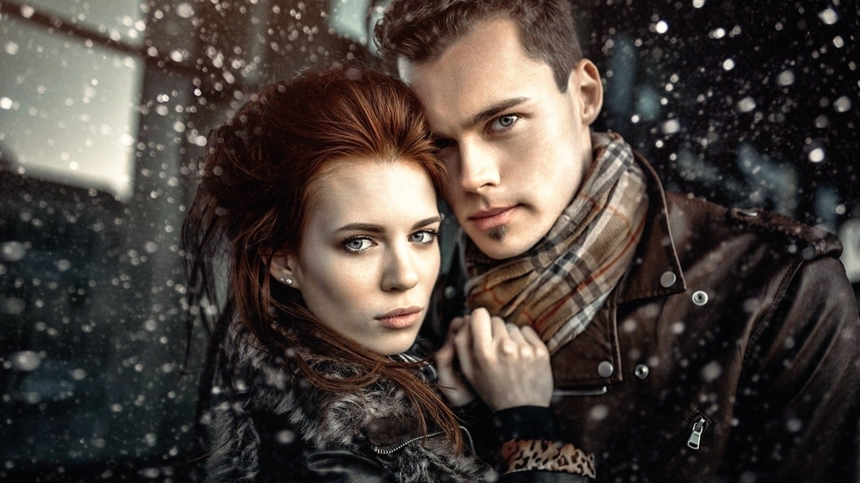Картинка: Девушка, мужчина, взгляд, пара, снег, шарф